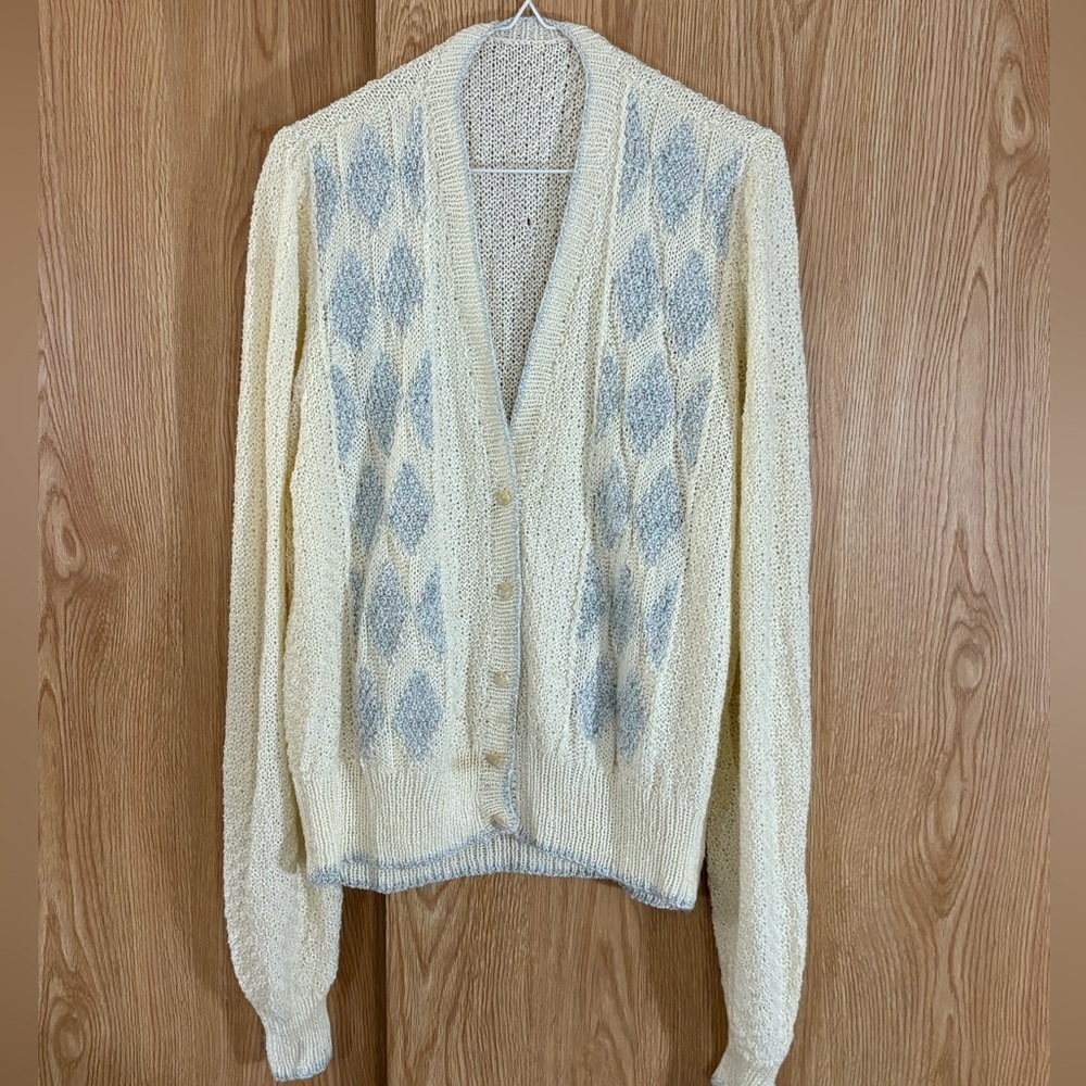 Handmade Vintage 60’s Cream and Blue Sparkle Pearl Button Down Cardigan